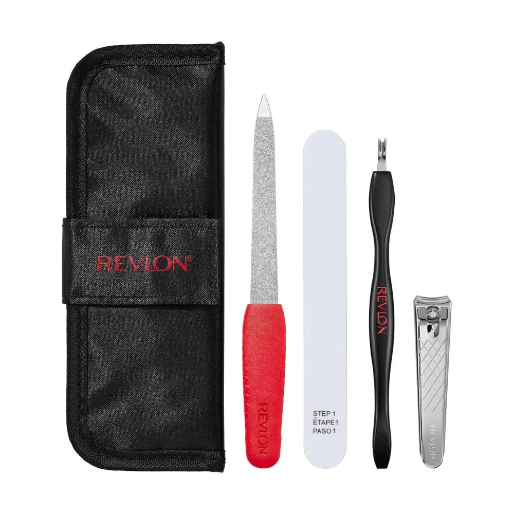 imageRevlon Manicure Essentials Kit with Travel Case Nail Care Set with Dual Ended Cuticle Trimmer Curved Blade Clippers Compact Emeryl File ampamp Buffer Pack of 1