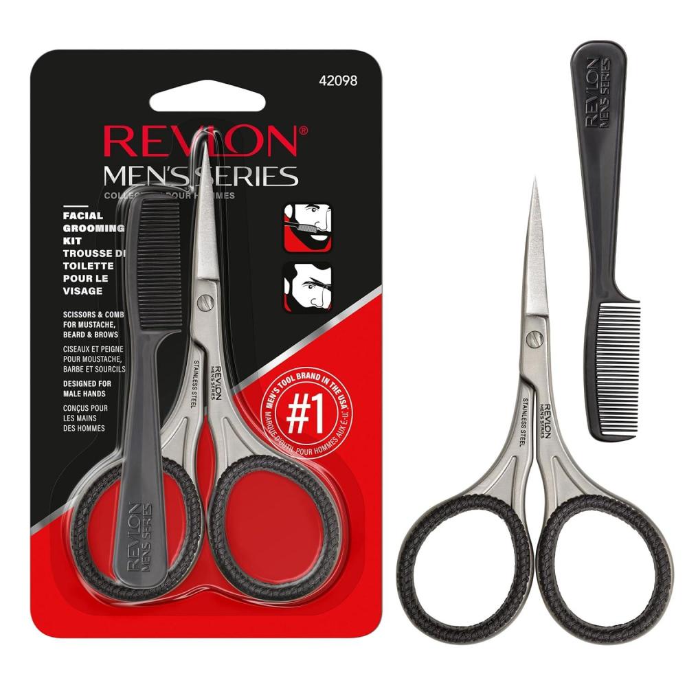 imageRevlon Mens Beard Grooming Kit Mustache Trimming Scissors and Facial Hair Comb Travel Essentials Stainless Steel Blade 1 Pack