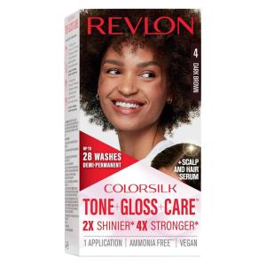 Revlon ColorSilk Tone + Gloss + Care Demi Permanent Hair Color, Dye Kit with Leave-In Scalp and Haircare Serum, 2x Shinier, 4x Stronger, 1 Black, 4.5 fl oz(4 Dark Brown)