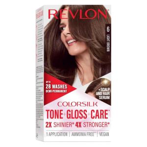 Revlon ColorSilk Tone + Gloss + Care Demi Permanent Hair Color, Dye Kit with Leave-In Scalp and Haircare Serum, 2x Shinier, 4x Stronger, 1 Black, 4.5 fl oz(6 Light Brown)