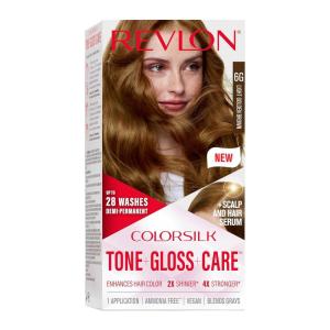 Revlon ColorSilk Tone + Gloss + Care Demi Permanent Hair Color, Dye Kit with Leave-In Scalp and Haircare Serum, 2x Shinier, 4x Stronger, 1 Black, 4.5 fl oz(6G Light Golden Brown)