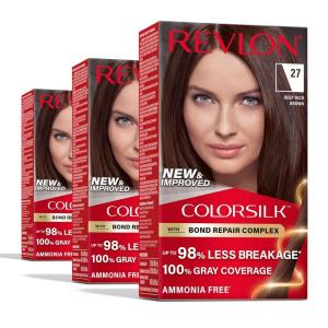 Revlon ColorSilk with Bond Repair Complex, Brown Permanent Hair Color, 100% Gray Coverage, Ammonia Free Hair Dye, Vegan Keratin, 30 Dark Brown (Pack of 3)(27 Deep Rich Brown)