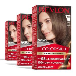 Revlon ColorSilk with Bond Repair Complex, Brown Permanent Hair Color, 100% Gray Coverage, Ammonia Free Hair Dye, Vegan Keratin, 30 Dark Brown (Pack of 3)(40 Medium Ash Brown)