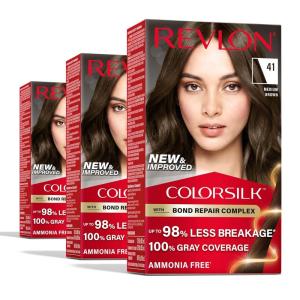 Revlon ColorSilk with Bond Repair Complex, Brown Permanent Hair Color, 100% Gray Coverage, Ammonia Free Hair Dye, Vegan Keratin, 30 Dark Brown (Pack of 3)(41 Medium Brown)