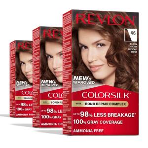 Revlon ColorSilk with Bond Repair Complex, Brown Permanent Hair Color, 100% Gray Coverage, Ammonia Free Hair Dye, Vegan Keratin, 30 Dark Brown (Pack of 3)(46 Medium Golden Chestnut Brown)