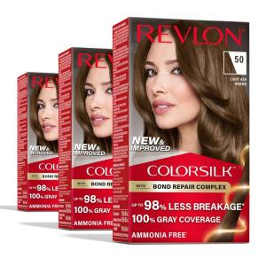 Revlon ColorSilk with Bond Repair Complex, Brown Permanent Hair Color, 100% Gray Coverage, Ammonia Free Hair Dye, Vegan Keratin, 30 Dark Brown (Pack of 3)(50 Light Ash Brown)