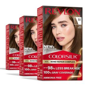 Revlon ColorSilk with Bond Repair Complex, Brown Permanent Hair Color, 100% Gray Coverage, Ammonia Free Hair Dye, Vegan Keratin, 30 Dark Brown (Pack of 3)(51 Light Brown)