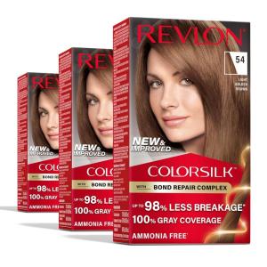Revlon ColorSilk with Bond Repair Complex, Brown Permanent Hair Color, 100% Gray Coverage, Ammonia Free Hair Dye, Vegan Keratin, 30 Dark Brown (Pack of 3)(54 Light Golden Brown)