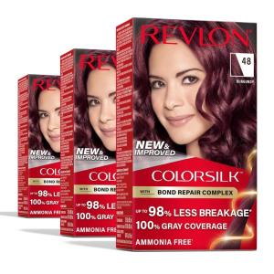 Revlon ColorSilk with Bond Repair Complex, Burgundy Permanent Hair Color, 100% Gray Coverage, Ammonia Free Hair Dye, Vegan Keratin, 34 Deep Burgundy (Pack of 3)(48 Burgundy)