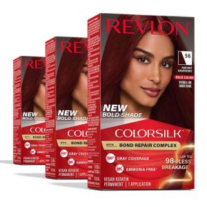 Revlon ColorSilk with Bond Repair Complex, Permanent Hair Color, 100% Gray Coverage, Ammonia Free Dye, Vegan Keratin, 38 Vibrant Violet, 3 pack(Radiant Raspberry)