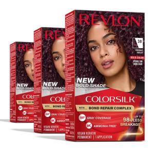Revlon ColorSilk with Bond Repair Complex, Permanent Hair Color, 100% Gray Coverage, Ammonia Free Dye, Vegan Keratin, 38 Vibrant Violet, 3 pack(Vibrant Violet)